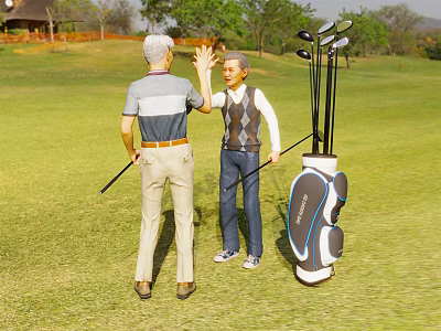 Two Men High Five On Golf Course With Clubs Bag 3d model