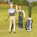 Two Men High Five On Golf Course With Clubs Bag 3d model
