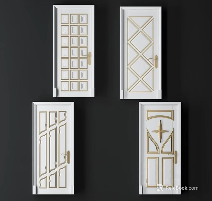 Modern Hinged Doors With Geometric Patterns White Finish And Gold Accents 3d model 