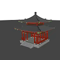 Traditional Chinese Pavilion With Red Columns Black Tiled Roof And Green Decorations Under Blue Sky