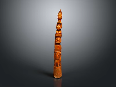 Traditional Wooden Totem Pole With Stacked Carved Figures And Natural Wood Finish 3d model