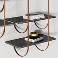 Elegant Modern Bookcase With Black Shelves Copper Brackets Books And Decorative Items