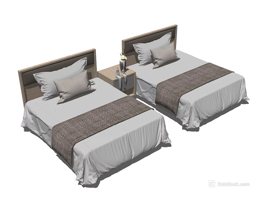 Two Single Beds In Modern Bedroom With Pillows Blankets And Nightstand 3d model 