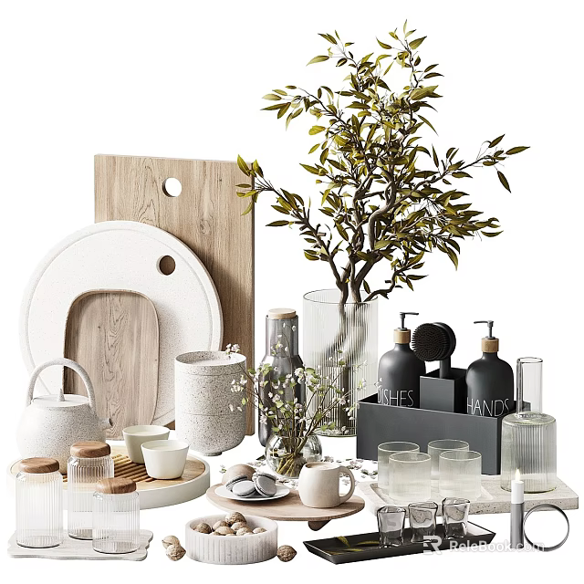 Elegant Decorative Ornament Set with Wooden Ceramic Glass Elements and Green Plants for Home Decor 3d model 