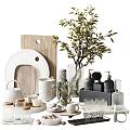 Elegant Decorative Ornament Set with Wooden Ceramic Glass Elements and Green Plants for Home Decor