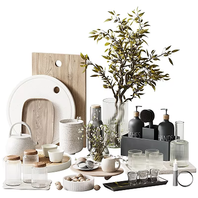Elegant Decorative Ornament Set with Wooden Ceramic Glass Elements and Green Plants for Home Decor 3d model