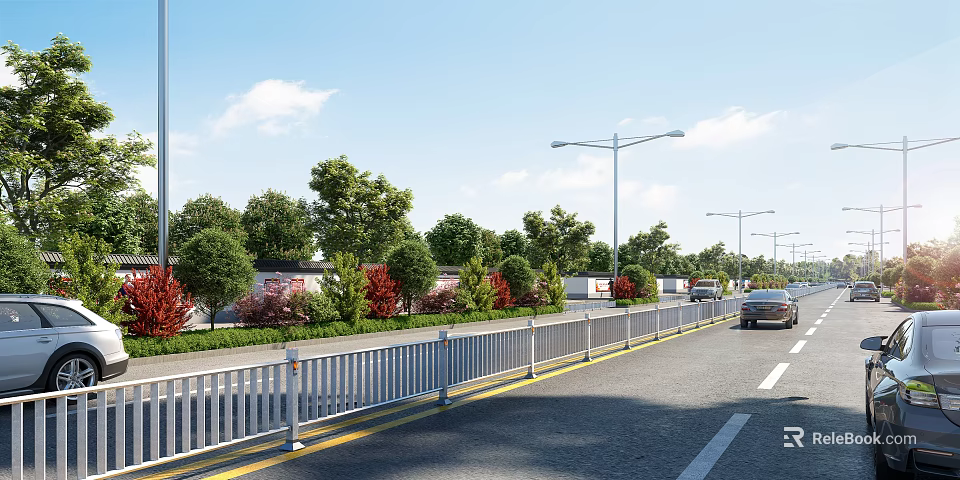 Municipal Road With Street Lamps Green Belts Trees Guardrails And Vehicles 3d model 