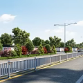 Municipal Road With Street Lamps Green Belts Trees Guardrails And Vehicles