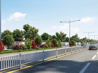 Municipal Road With Street Lamps Green Belts Trees Guardrails And Vehicles 3d model