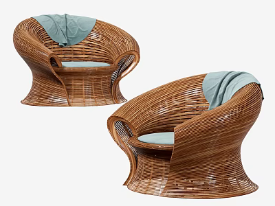 Pair of Rattan Leisure Chairs with Light Blue Cushions and Throw Blankets 3d model