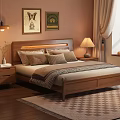 Wooden Double Bed With LED Headboard Pillows Nightstands Table Lamp And Checkered Rug