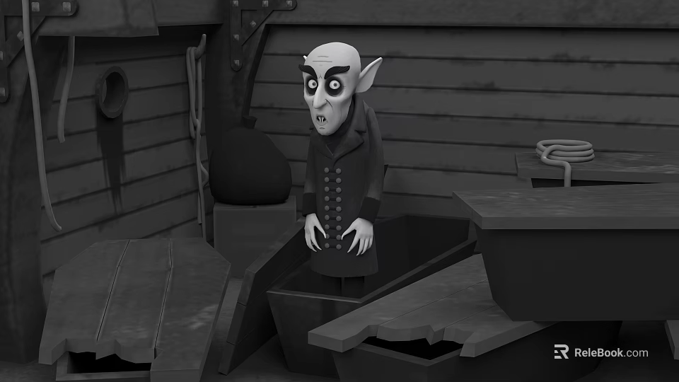 Cartoon Style Game and Movie Character in Ship Cabin with Large Ears and Dark Coat 3d model 