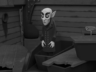Cartoon Style Game and Movie Character in Ship Cabin with Large Ears and Dark Coat 3d model