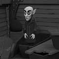 Cartoon Style Game and Movie Character in Ship Cabin with Large Ears and Dark Coat