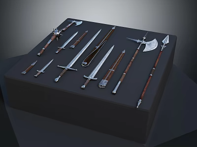 Various Medieval Weapons Displayed on Black Platform with Swords Axes and Spears 3d model