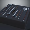Various Medieval Weapons Displayed on Black Platform with Swords Axes and Spears