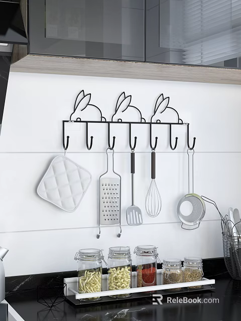 Wall Mounted Rabbit Shaped Hook Rack Holding Various Kitchen Utensils On White Wall 3d model