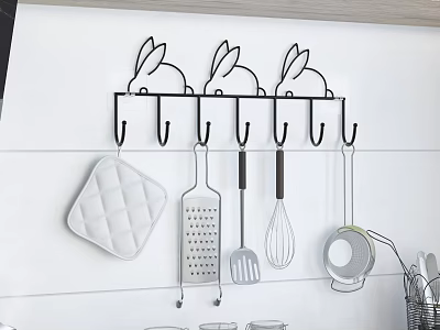 Wall Mounted Rabbit Shaped Hook Rack Holding Various Kitchen Utensils On White Wall 3d model