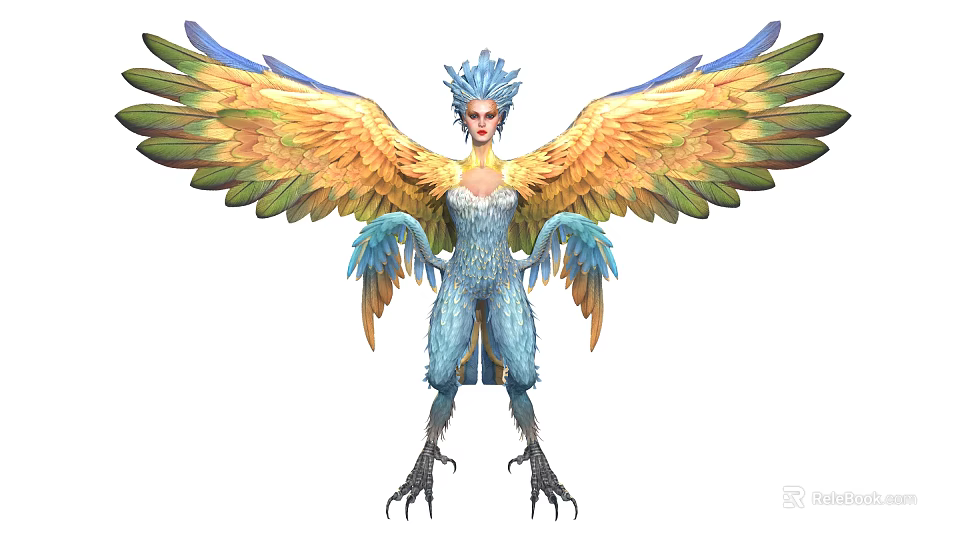 Game Movie Character With Blue Hair Colorful Wings Feathered Outfit And Clawed Feet 3d model 