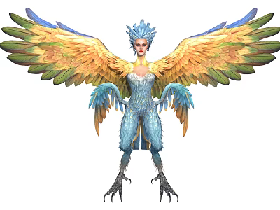 Game Movie Character With Blue Hair Colorful Wings Feathered Outfit And Clawed Feet 3d model