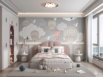 Kids Room Interior with Hot Air Balloons Clouds Wallpaper Pink Headboard and Toys on Rug 3d model