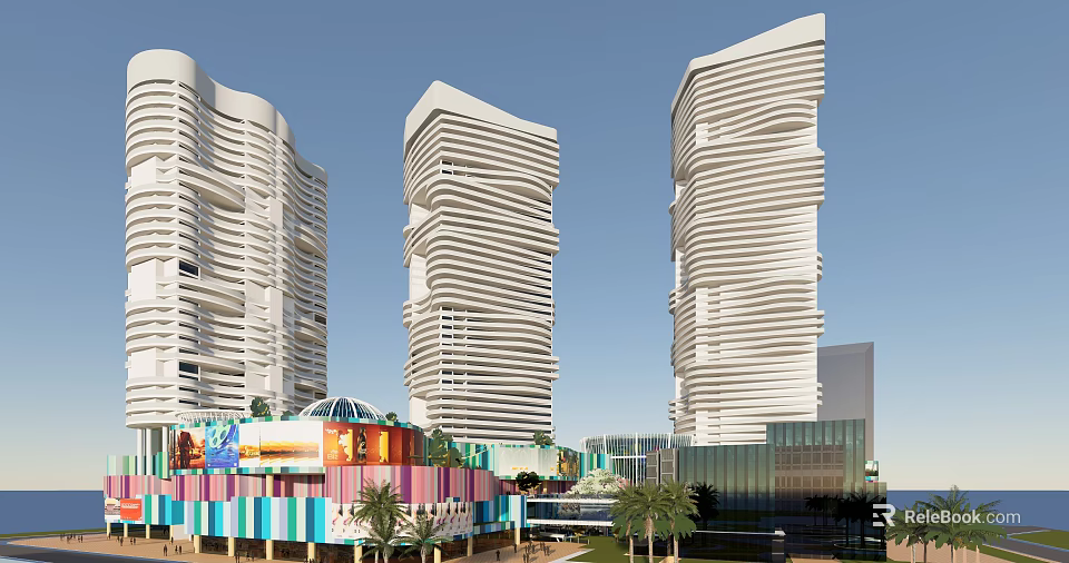 Modern Commercial Complex With White Curved High Rise Buildings Colorful Facilities And Palm Trees 3d model 