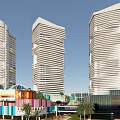Modern Commercial Complex With White Curved High Rise Buildings Colorful Facilities And Palm Trees