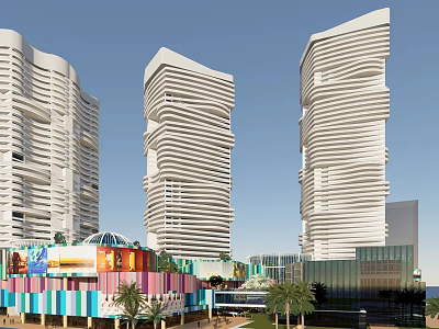 Modern Commercial Complex With White Curved High Rise Buildings Colorful Facilities And Palm Trees 3d model