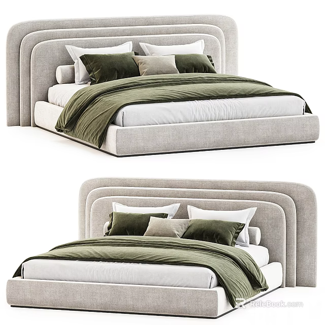 Modern Double Bed With Upholstered Headboard Green Bedspread White Sheets And Pillows 3d model