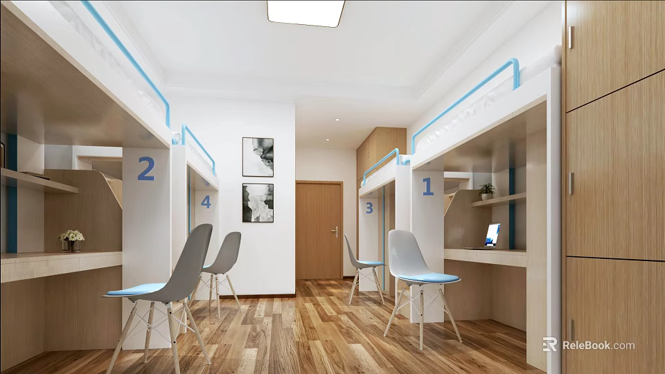 Modern Dormitory With Numbered Bunk Beds Chairs And Wooden Floor 3d model 