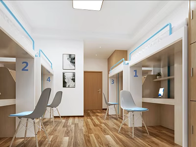 Modern Dormitory With Numbered Bunk Beds Chairs And Wooden Floor 3d model