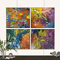 Vibrant Abstract Paintings Hanging On Wall With Potted Plant And Open Book