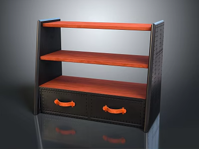 Modern Black Metal Frame Storage Shelf Cabinet With Wooden Shelves Two Drawers And Orange Handles 3d model