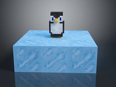 Cute Pixelated Penguin Standing On Blue Textured Block Base 3D Render 3d model