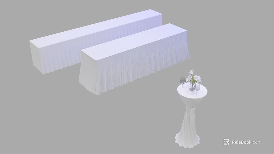 Long Conference Tables With White Tablecloths And Small Round Table With Flowers And Wine Glasses 3d model 