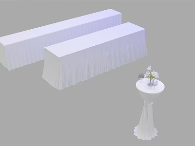 Long Conference Tables With White Tablecloths And Small Round Table With Flowers And Wine Glasses 3d model