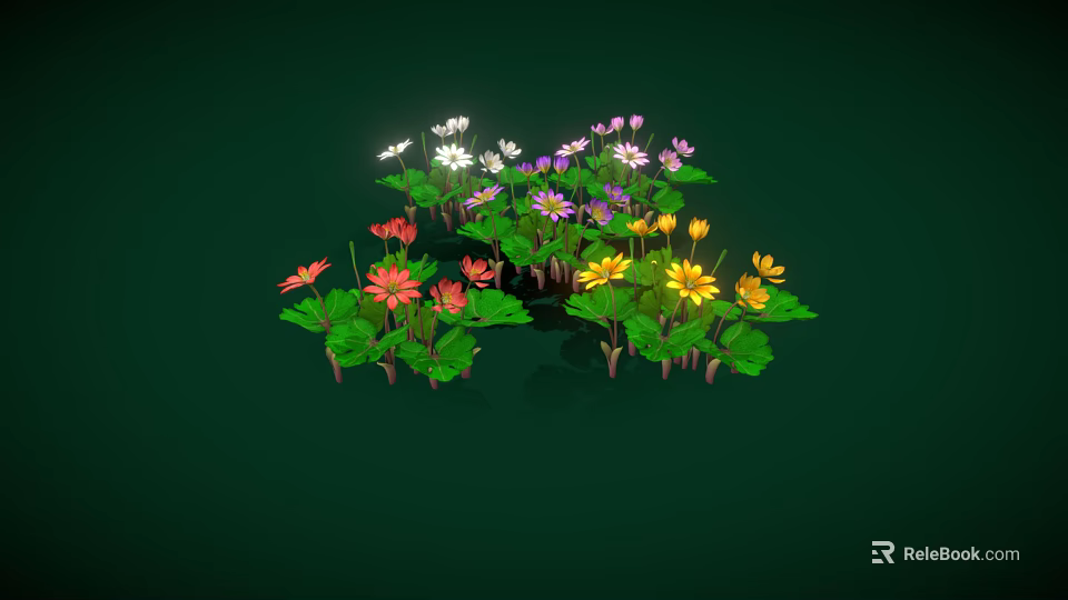 Vibrant Multicolored Garden Flowers With Lush Green Leaves Against Dark Green Backdrop 3d model 