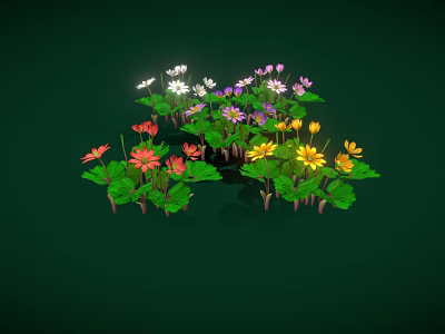 Vibrant Multicolored Garden Flowers With Lush Green Leaves Against Dark Green Backdrop 3d model