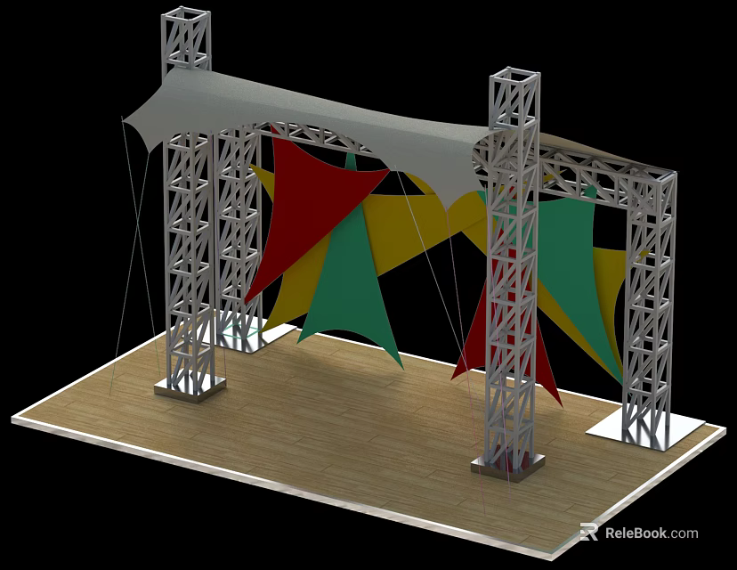 Outdoor Event Stage Setup With Metal Truss Canopy And Colorful Banners On Wooden Platform 3d model 