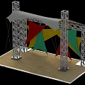 Outdoor Event Stage Setup With Metal Truss Canopy And Colorful Banners On Wooden Platform