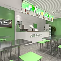 Qiantia Milk Tea Shop Interior With Green Walls Stainless Steel Tables Chairs And Menu Screens