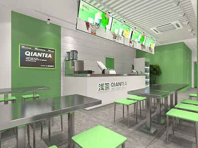 Qiantia Milk Tea Shop Interior With Green Walls Stainless Steel Tables Chairs And Menu Screens 3d model