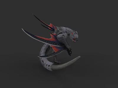 Fantasy Creature with Gray Body Red Black Wings and Long Tail in Spreading Wings Pose 3d model