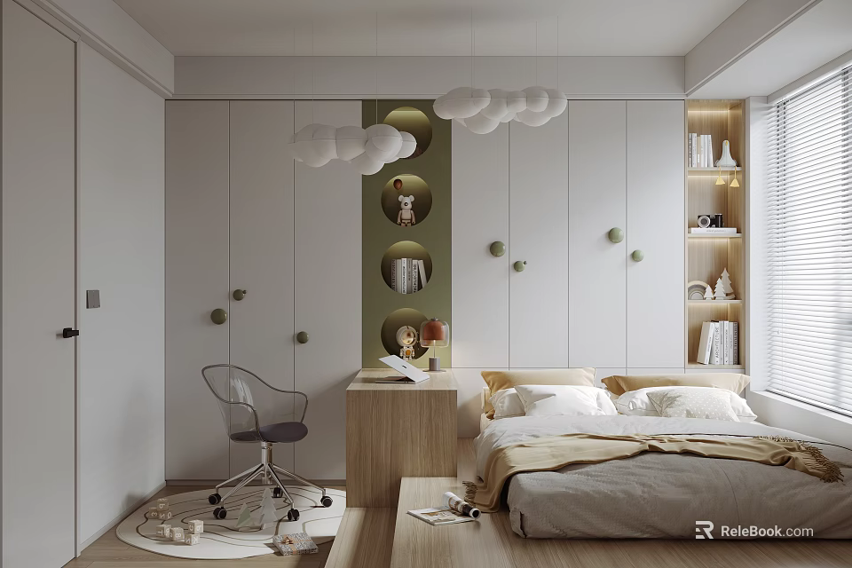 Tatami Bedroom Interior With Tatami Bed Storage Cabinets Desk Chair And Decorative Lighting 3d model 