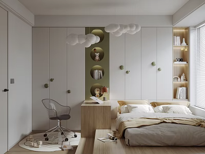 Tatami Bedroom Interior With Tatami Bed Storage Cabinets Desk Chair And Decorative Lighting 3d model