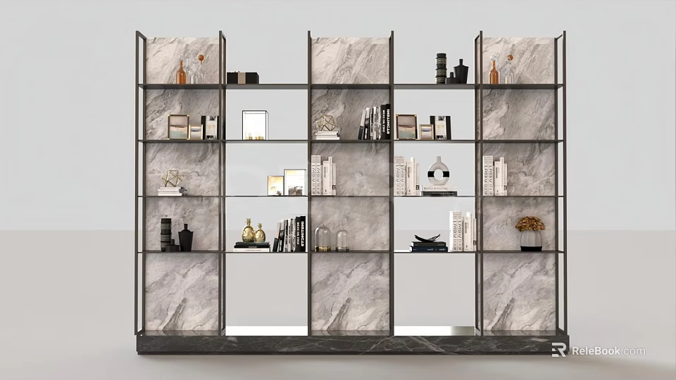 Modern Shelving Unit With Metal Frame Marble Panels And Decorative Items 3d model
