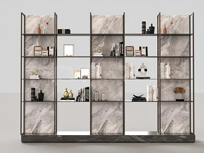 Modern Shelving Unit With Metal Frame Marble Panels And Decorative Items 3d model