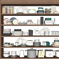 Modern Tableware Set With Assorted Plates Bowls Cups And Utensils On Wooden Shelf