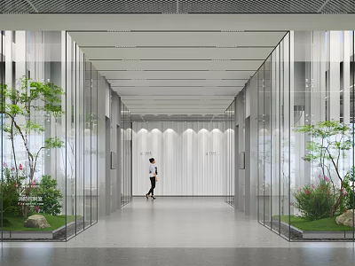 Modern Office Corridor Featuring Glass Partitions Green Plants Gray Flooring And Wavy Backdrop Wall 3d model
