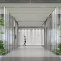 Modern Office Corridor Featuring Glass Partitions Green Plants Gray Flooring And Wavy Backdrop Wall